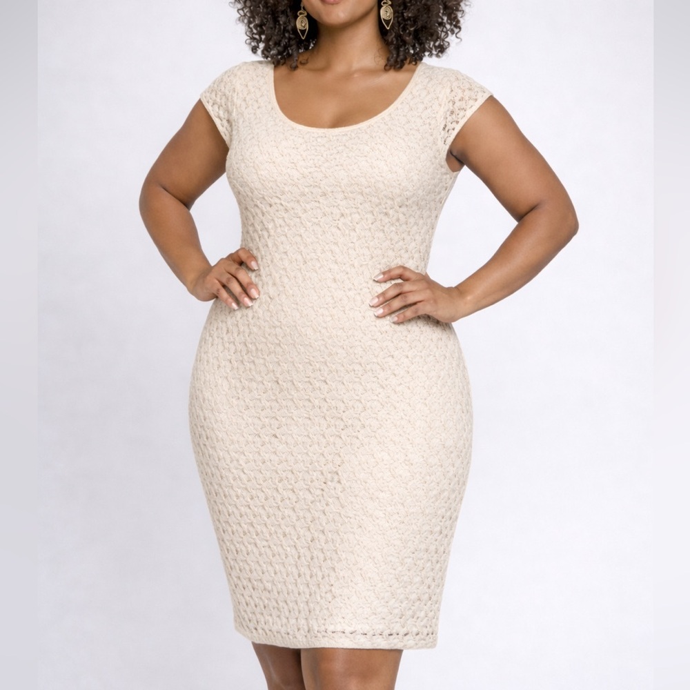 Creamy beige chunk knit crochet lace overlay sheath dress bridesmaid